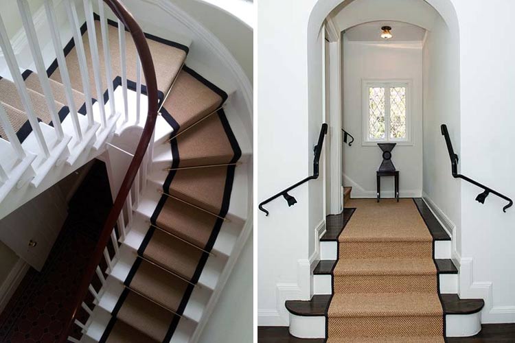 2 imagenes de escaleras decoradas con una cenefa de alfombra